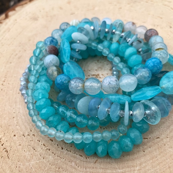 Natural Blue Aquamarine, Azure Amazonite & Agate Gemstone Beads Bracelet Stack - Picture 4 of 12